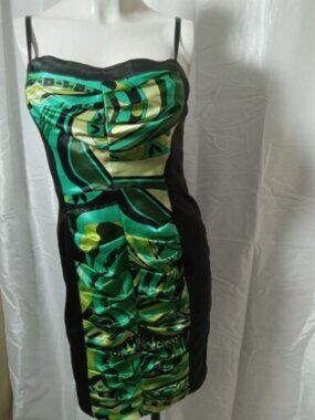 Vintage Bebe Pencil Black Green dress Size Small Spaghetti  Strap 100% SILK NEW